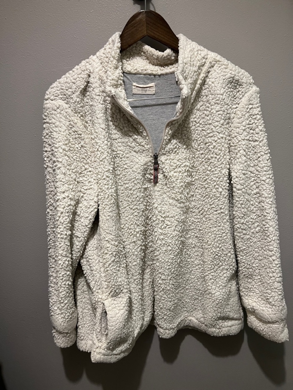 Plush Cream Sherpa Quarter Zip 1/4 Pullover Sweater with Pockets